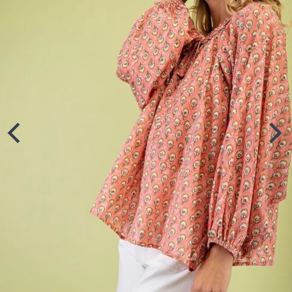 Gigio Tops - Women’s Gigio Coral Floral Long Dolman Sleeve Peasant Boho Oversized Top Size L